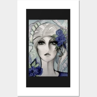 PALE BLUE GREY 70S GIRL IN TURBAN DRAWING Posters and Art